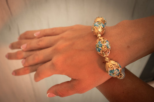 Golden Pearl Bracelet Blue Flower